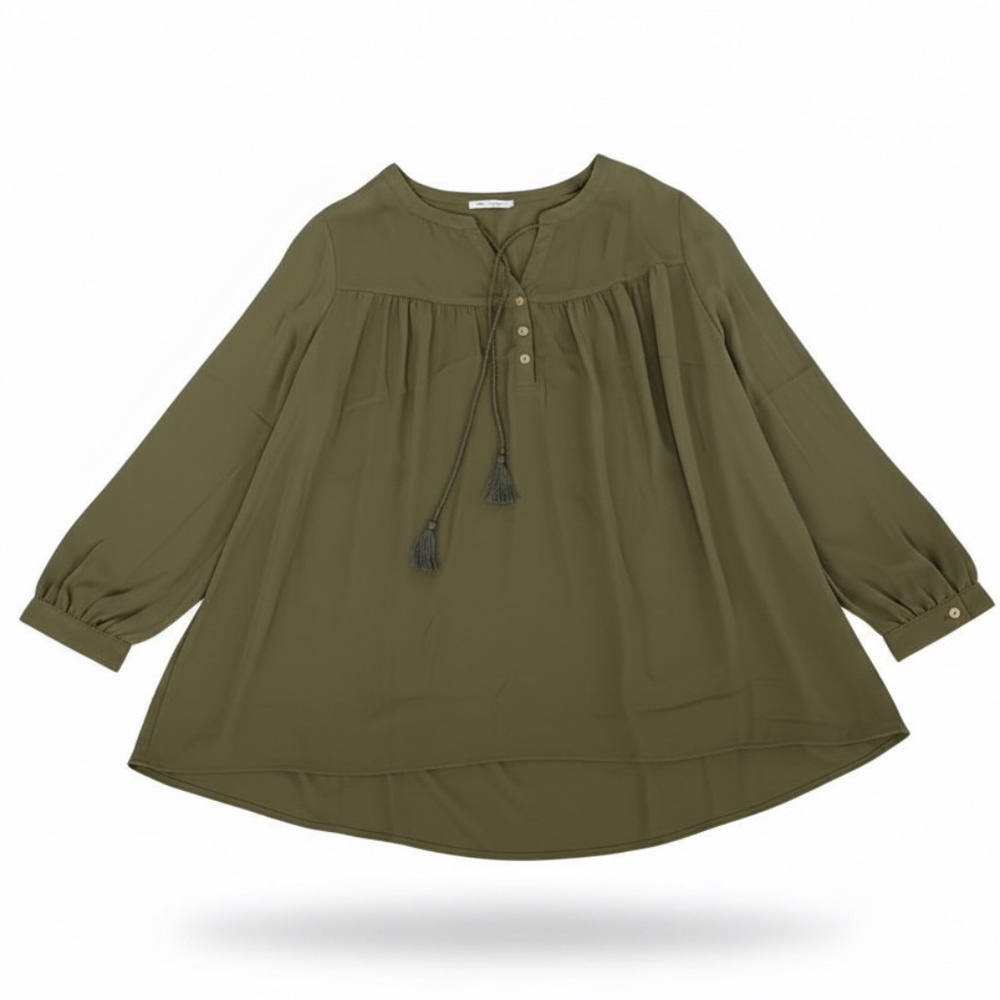 DR2  Daniel Rainn Plus Size Rolled Sleeve Tassel Neck Blouse Olive Green 3X NWT